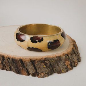 Vintage Bone Inlay Animal Leopard Print Exotic Brass Chunky Wide Bangle Bracelet